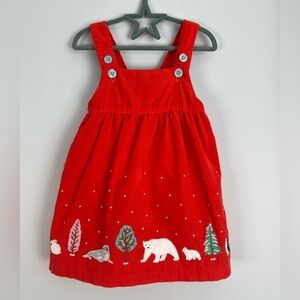 Baby Boden Red Corduroy Pinnie Dress Winter Animals Size 6-12M Girl